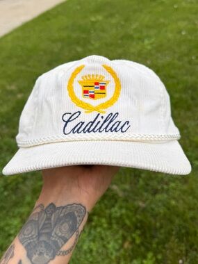 Vintage Cadillac White Embroidered Logo Corduroy Cap